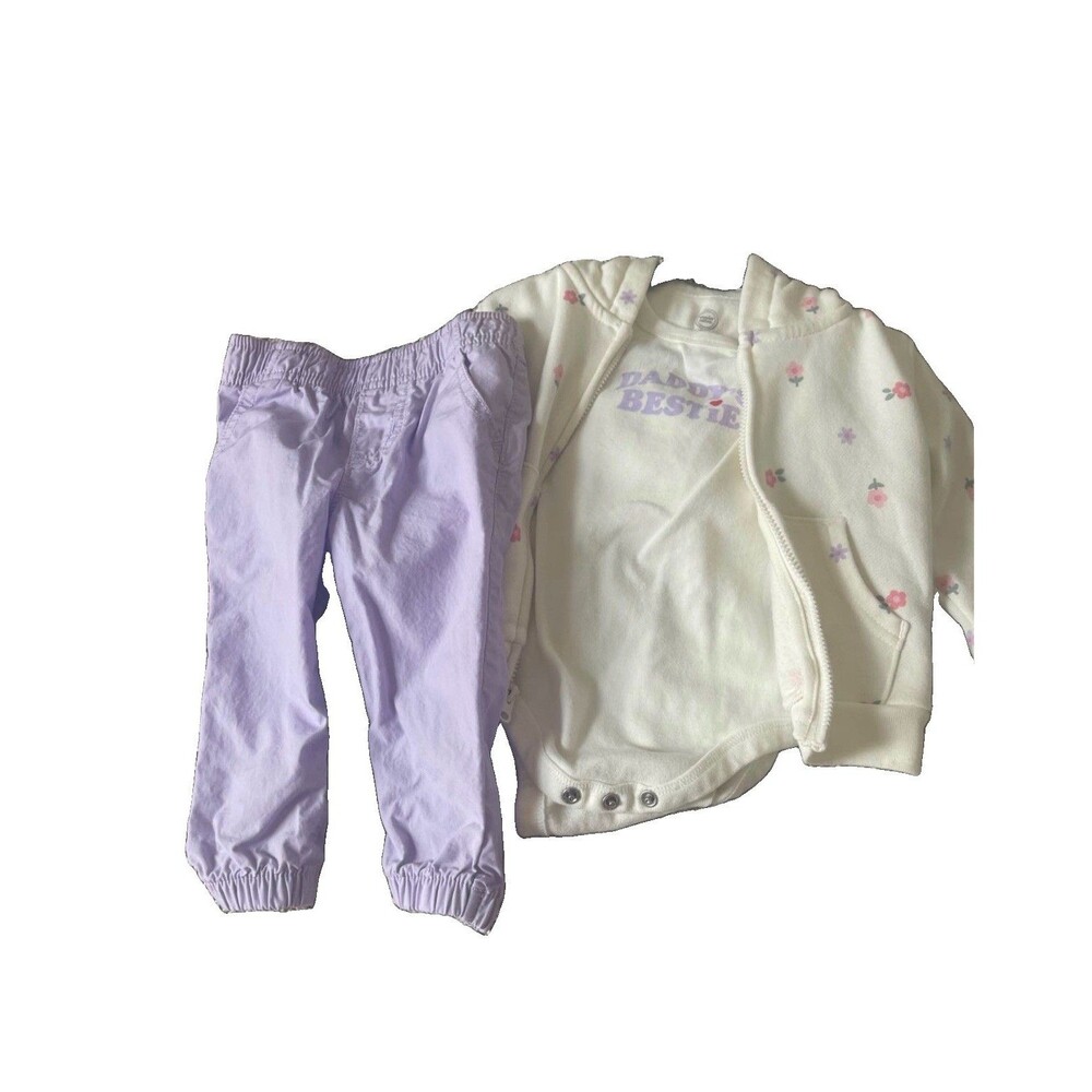 Geranimals Girls 3pc Pants Set 6-9M Floral Zip Hoodie Bodysuit Purple